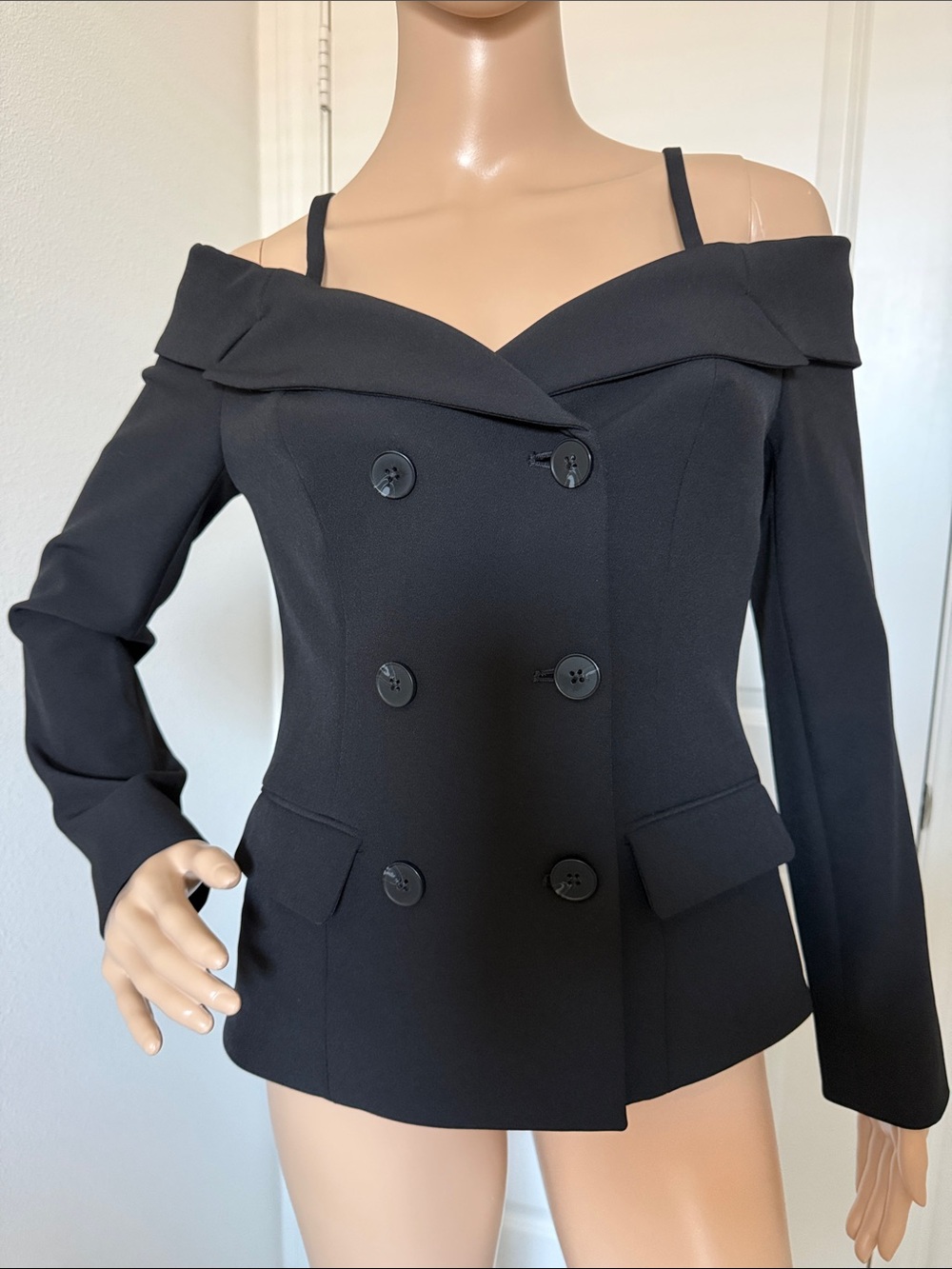 Express Off-Shoulder Double-Breasted Black Blazer